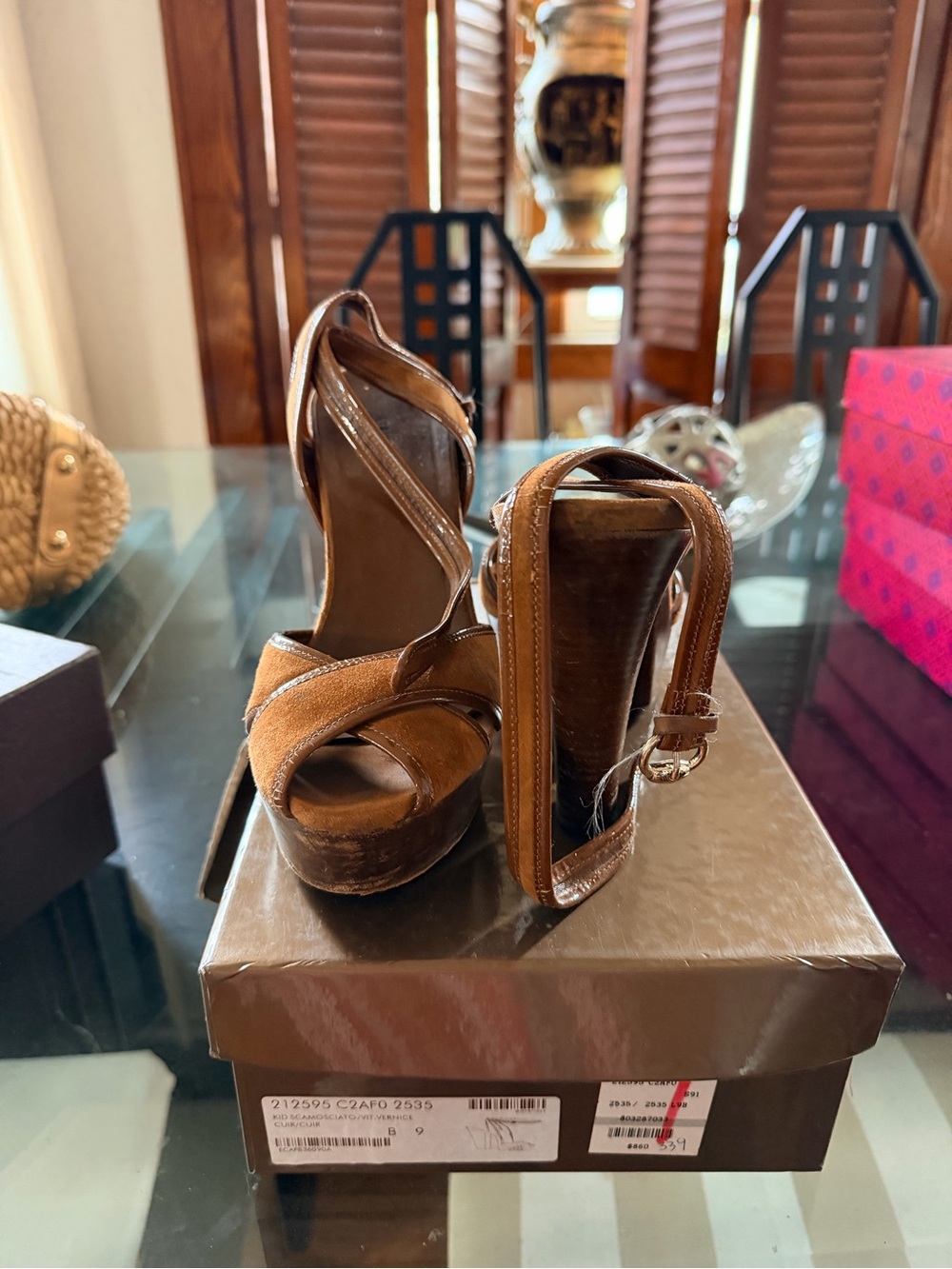Gucci Brown Suede Platform Heels with Ankle Strap